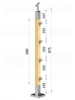 Drevený stĺp, vrchné kotvenie, priechodný, 4 radový, vrch nastaviteľný (40x40mm), materiál: buk, brúsený povrch s náterom BORI (bezfarebný)
