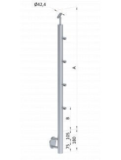 Nerezový stĺp, bočné kotvenie, 4 radový priechodný, vonkajší, vrch nastaviteľný (ø 42.4x2mm), brúsená nerez K320 /AISI316
