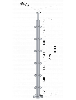 Nerezový stĺp, vrchné kotvenie, 6 radový, rohový: 90°, vrch pevný (ø 42.4x2mm), brúsená nerez K320 /AISI304