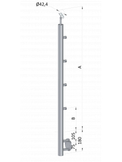Nerezový stĺp, bočné kotvenie, 4 radový priechodný, vnútorný, vrch nastaviteľný (ø 42.4x2mm), leštená nerez /AISI304