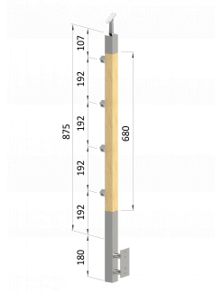Drevený stĺp, bočné kotvenie, 4 radový, priechodný, vonkajší, vrch nastaviteľný (40x40mm), materiál: buk, brúsený povrch s náterom BORI (bezfarebný)