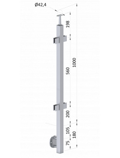 Nerezový stĺp, bočné kotvenie, výplň: sklo, priechodný, vrch pevný (40x40mm), brúsená nerez K320 /AISI304