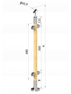 Drevený stĺp, vrchné kotvenie, výplň: sklo, priechodný, vrch nastaviteľný (ø 42mm), materiál: buk, brúsený povrch s náterom BORI (bezfarebný)