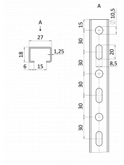 Dierovaný montážny C profil, 27x18x1.25, L-3m, pozinkovaný
