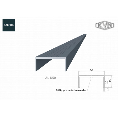 U profil 50x22mm, L-6000mm, s povrchovou úpravou RAL7016