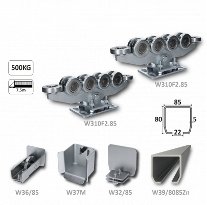 Samonosný systém 80x85x5mm posuvnej brány do 500kg/7.5m otvor (W39/8085Zn 6m pozinkovaný profil, 2x W310F2.85, 1x W36/85, 1x C397M, 1x W32/85)