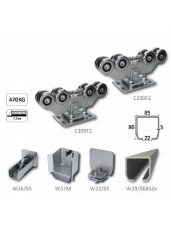 INTERMEDIO samonosný systém 80x85x5mm posuvnej brány do 470kg/7.5m otvor (W39/8085Zn 6m pozinkovaný profil, 2x C399F2, 1x W36/85, 1x C397M, 1x W32/85)