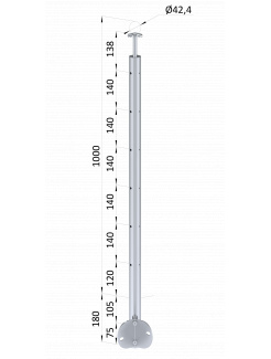 Nerezový stĺp, bočné kotvenie, 6-dierový, lanko, rohový 90°