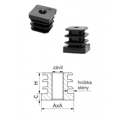 M8,A-20mm,H-20mm,C-6.2mm,čierna, Hrúbka steny 1-1.25mm,Plastová štvorcovo-rúrková zátka zo závitom PE