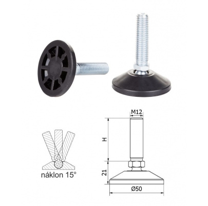 ø-50mm, M12x40mm, H-40mm, čierna, kĺbová plastová nivelačná nožička, závitovo-nastavitelná.