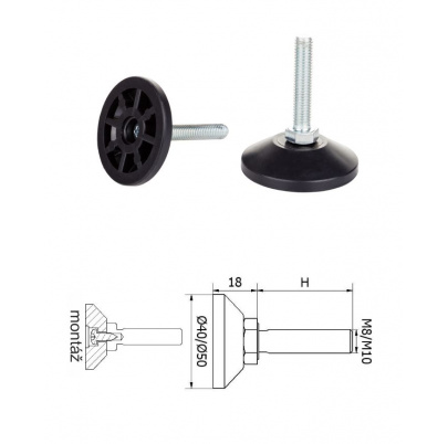 ø-40mm, M8x30mm, H-30mm, čierna,Bezkĺbová plastová nivelačná nožička, závitovo-nastavitelná