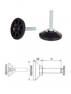 ø-50mm, M8x40mm, H-40mm, čierna,Bezkĺbová plastová nivelačná nožička, závitovo-nastavitelná.