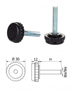 ø-30mm, M6x06mm, H-06mm, čierna,Bezkĺbová plastová nivelačná nožička, závitovo-nastavitelná.