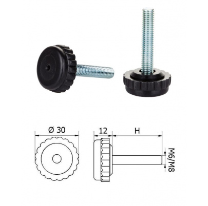 ø-30mm, M6x06mm, H-06mm, čierna,Bezkĺbová plastová nivelačná nožička, závitovo-nastavitelná.