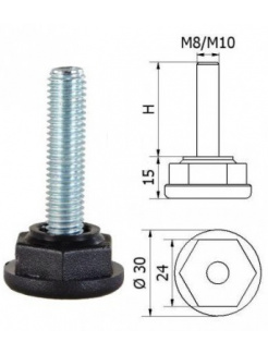 ø-30mm, M10x60mm, H-60mm, Bezkĺbová plastová nivelačná nožička, závitovo-nastavitelná.