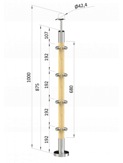 Drevený stĺp, vrchné kotvenie, 4-radový, priechodný, rohový: 90°
