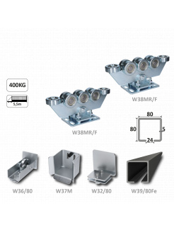 Samonosný systém 80x80x5mm posuvnej brány do 400kg/5,5m otvor (W39/80Fe 6m čierný profil, 2x W38MR/F, 1x W36/80, 1x W37/M, 1x W32/80)